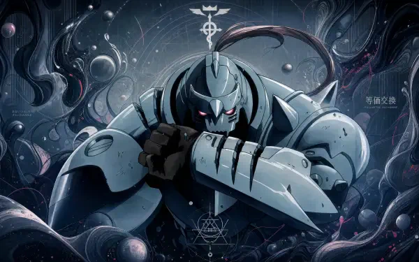 Alphonse Elric in armored form, crouched with arm raised amid swirling alchemical symbols and dark energy — 4K Ultra HD PC desktop wallpaper.