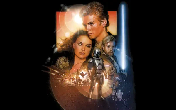 Star Wars Episode II: Attack of the Clones 4K Ultra HD desktop wallpaper, dramatic collage of characters, glowing lightsaber and battle scenes against a dark backdrop