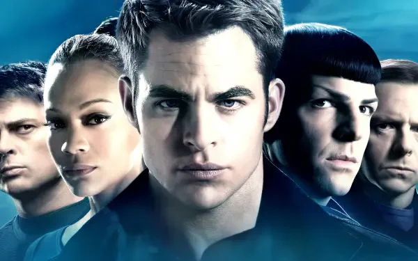 Star Trek 4K Ultra HD PC desktop wallpaper: close-up portrait of five stern Starfleet officers in dramatic blue lighting with a subtle starfield background.