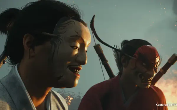 HD PC desktop wallpaper from the video game Ghost of Yōtei: anime-style samurai in white and red masks, backlit at dusk against a misty sky.