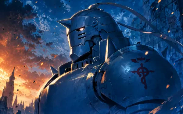 Alphonse Elric in towering armored form gazing over a burning dusk cityscape — 4K Ultra HD PC desktop wallpaper and background.
