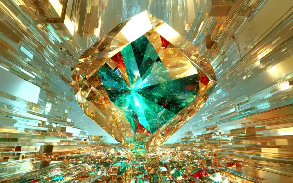 Artistic 2K Quad HD PC desktop wallpaper of a radiant gem: emerald-and-gold faceted diamond crystal bursting light amid shimmering geometric prisms.