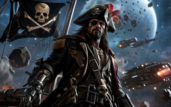 4K Ultra HD PC desktop wallpaper: imposing space pirate captain with skull-emblazoned flag, battered spaceship fleet and distant planet backdrop.