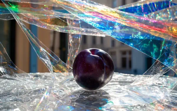 4K Ultra HD PC desktop wallpaper: glossy plum sphere (ball) rests on iridescent film, refracting rainbow light into a surreal desktop background.