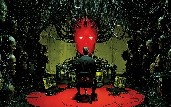 2K Quad HD sci‑fi PC wallpaper: a lone figure sits before a glowing red robotic throne of artificial intelligence in a dystopian chamber tangled with cables and towering mechanical figures.