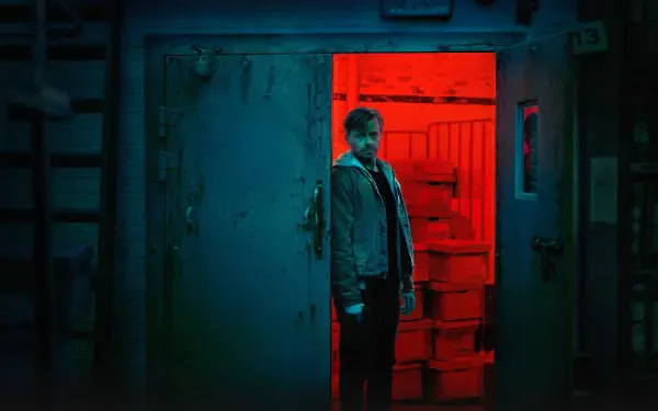 Slow Horses 4K Ultra HD PC desktop wallpaper: a solitary man stands in a red-lit doorway within a cool blue industrial room, moody cinematic atmosphere.