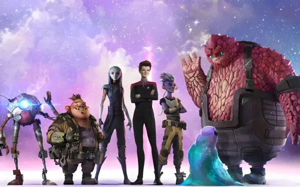Star Trek: Prodigy animated crew standing before a purple starfield nebula, colorful characters and ship lights — 4K Ultra HD PC desktop wallpaper background.
