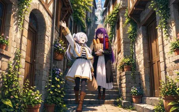 2K Quad HD wallpaper of Frieren and Fern from Frieren: Beyond Journey's End — two anime girls walking through a sunlit, fern-lined medieval town alley.
