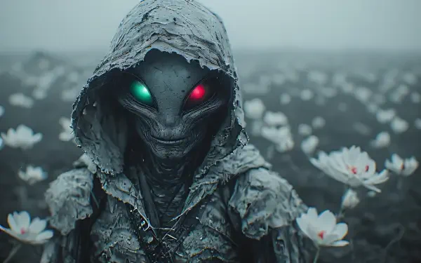 4K Ultra HD PC wallpaper: Alien GrayS character design — hooded gray extraterrestrial with glowing red and green eyes amid misty white flowers, space-inspired background.