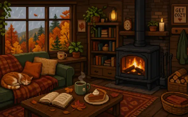 4K Ultra HD PC desktop wallpaper: cozy autumn cabin interior with glowing fireplace, cat on couch, open book and mug on coffee table, warm fall foliage visible through the window.