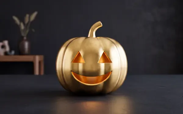 Minimal Halloween 5K Ultra HD desktop wallpaper: golden jack-o'-lantern pumpkin with smiling cutouts on a dark tabletop background.
