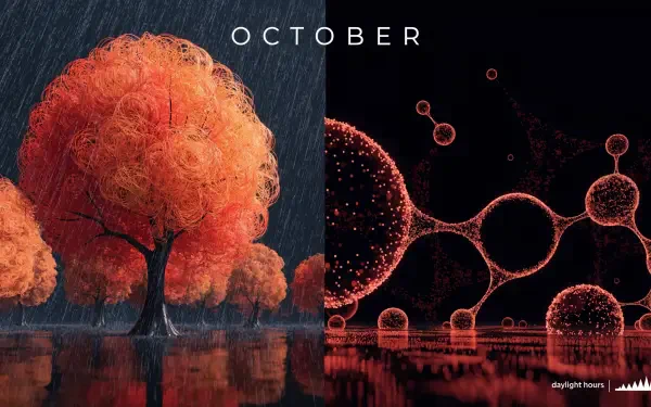 Split October aesthetic desktop wallpaper: left — glowing orange autumn trees reflected on water; right — abstract red molecular bubbles; 4K Ultra HD PC background.