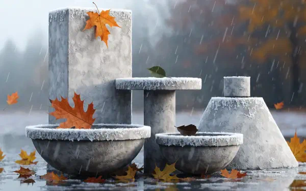 4K Ultra HD PC desktop wallpaper: rustic fall scene with stone bench and table, rain-splashed leaves on and around weathered concrete bowls and pedestals.