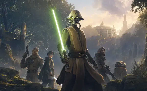 4K Ultra HD PC desktop wallpaper from Star Wars: Zero Company — video game art of a Jedi wielding a green lightsaber leading allies through a misty forested cityscape.