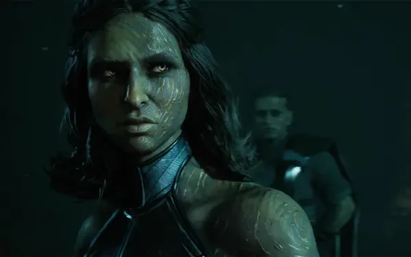 HD PC desktop wallpaper for Star Wars: Zero Company — close-up of a scarred, wet-skinned woman on Kundri Fathom, shadowy soldier behind her in dark green, stormy underwater tones.