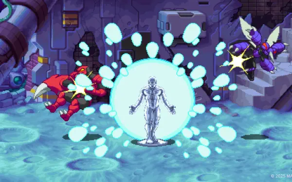 HD PC wallpaper from MARVEL Cosmic Invasion video game: Silver Surfer stands in a glowing portal of magic energy while combatants clash in a ruined sci‑fi battleground.