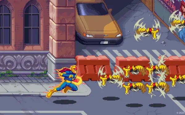 HD PC wallpaper for the video game MARVEL Cosmic Invasion: Nova (Marvel Comics) sprints down a city street, a superhero firing golden cosmic blasts at swarming winged aliens.