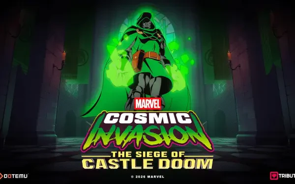 HD PC desktop wallpaper for MARVEL Cosmic Invasion video game: Doctor Doom bathed in green energy in Castle Doom, with Cosmic Invasion: The Siege of Castle Doom logo (Marvel Comics).