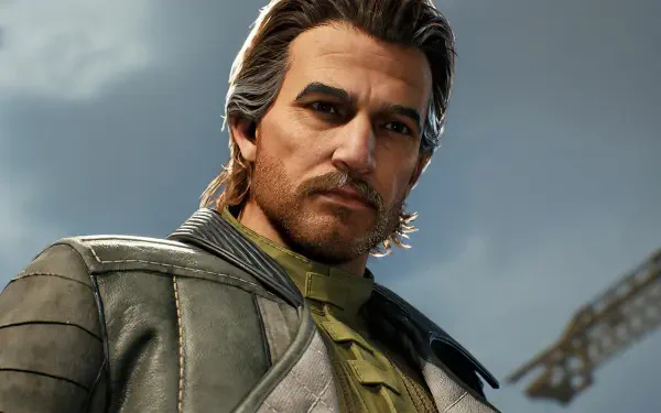 HD PC wallpaper of Hawks from Star Wars: Zero Company — rugged male pilot in a jacket against a cloudy sky, cinematic Star Wars video game character portrait.