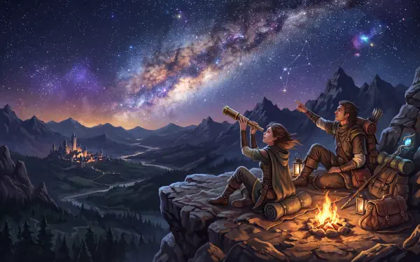 5K Ultra HD desktop wallpaper showing two stargazers on a mountain ledge beside a campfire, one with a telescope, the Milky Way arching across a vivid night sky over distant peaks.