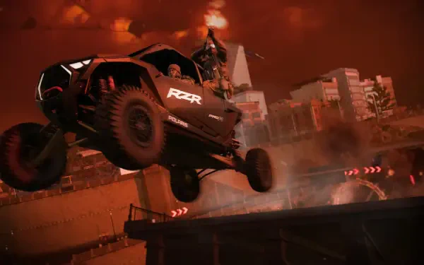 HD PC desktop wallpaper for Call of Duty: Black Ops 7 showing an off-road RZR racing vehicle launching over a fiery urban chasm in a high-speed racing sequence.