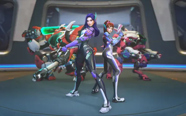 4K Ultra HD PC desktop wallpaper: Futuristic video game Overwatch scene with D.Mon (Overwatch) and allies posing before armored mechs in a neon-lit arena.