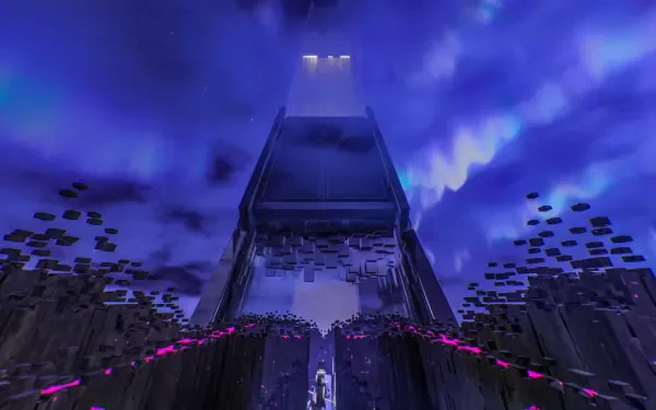 Futuristic Call of Duty: Black Ops 7 Ultra HD 4K PC wallpaper of a towering skyscraper rising into a stormy purple sky, neon-lit platform and drifting debris.