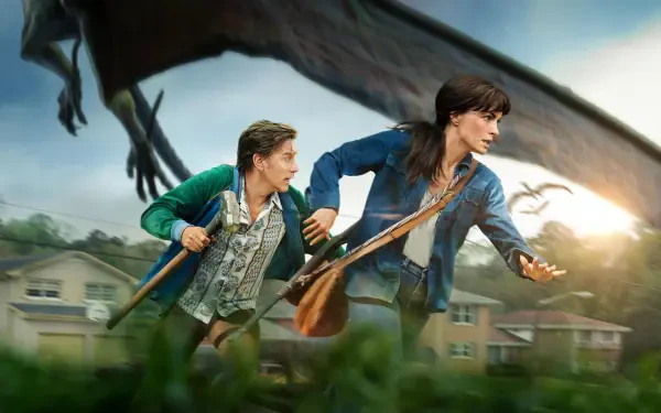 The End of Oak Street — 4K Ultra HD PC desktop wallpaper: two people dash across a suburban lawn as a dragon swoops overhead, sunlight breaking through clouds above the houses.