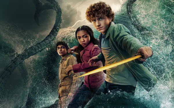 4K Ultra HD PC desktop wallpaper: Percy Jackson & the Olympians: The Lightning Thief — three young heroes face a giant sea monster as Percy wields a glowing sword.