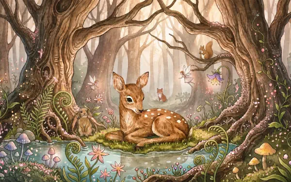 Whimsical forest fantasy 2K Quad HD PC desktop wallpaper: a cute magical fawn resting by a lily-strewn pool amid twisted trees, glowing mushrooms, butterflies and a fox in misty background.
