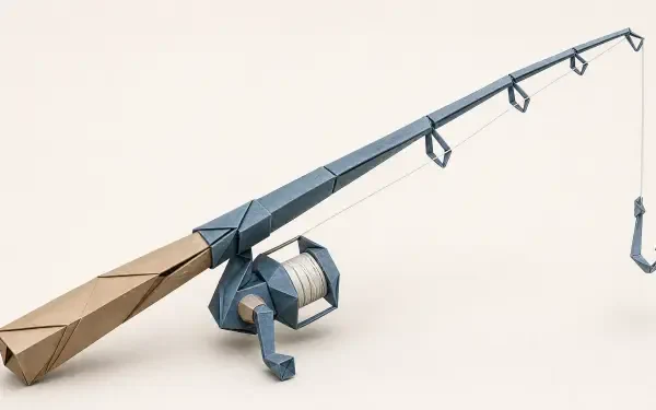 Low-poly fishing rod and fishing reel with dangling hook, rendered as 4K Ultra HD PC desktop wallpaper and background.