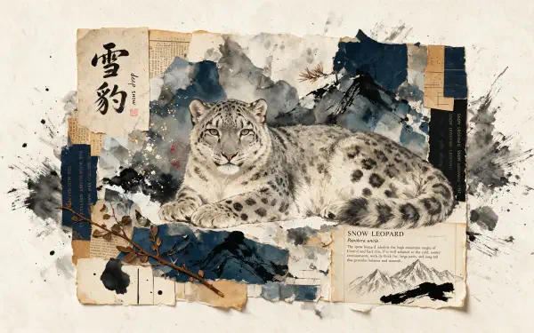 Snow leopard reclining amid ink-wash mountains and collage elements — detailed 4K Ultra HD PC desktop wallpaper background with Asian brushwork and mountain illustration.