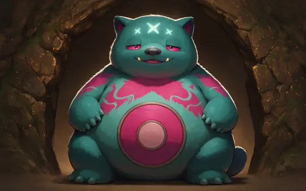 4K Ultra HD PC desktop wallpaper of a chubby teal-and-pink cartoon monster with a round belly, sleepy eyes and tribal markings, standing inside a dim, rocky cave entrance.