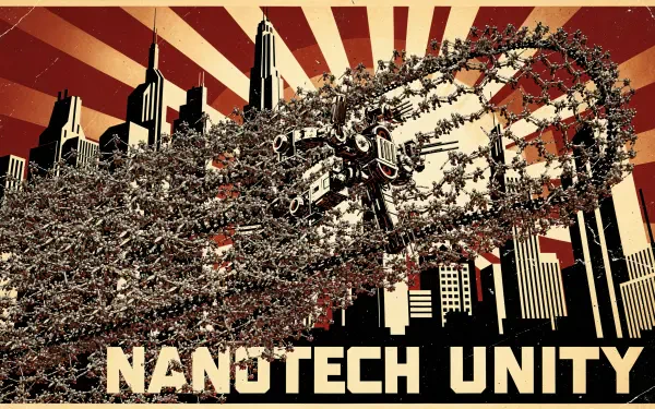 4K Ultra HD PC desktop wallpaper and background: futuristic cityscape skyline with a massive nanotech swarm forming a ring above skyscrapers, retro 'NANOTECH UNITY' banner.