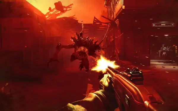HD PC desktop wallpaper from the video game Alien Deathstorm: first-person gunfire at a towering alien monster amid a fiery urban battlefield.