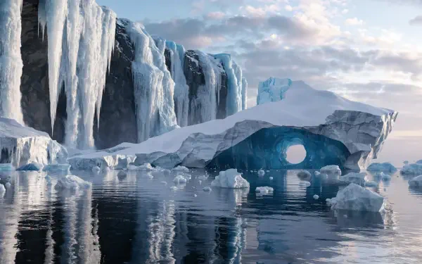4K Ultra HD PC desktop wallpaper: iceberg and glacier ice formations with an arched ice cave reflected in calm polar waters beneath a soft pastel sky.