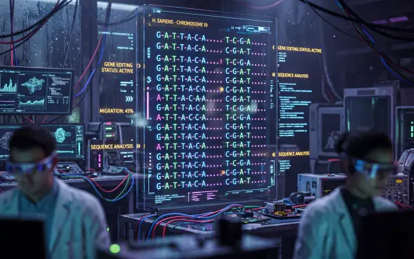 5K UHD desktop wallpaper of a high-tech data center lab: servers and monitors display genetic code on a central computer screen amid cables and technicians.