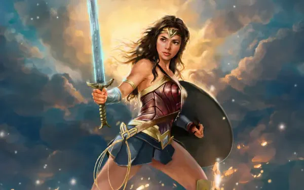 Wonder Woman digital art — armored superhero with glowing sword and shield in a dynamic pose against a stormy sky; 5K Ultra HD PC desktop wallpaper.
