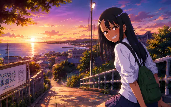 Hayase Nagatoro smiling over her shoulder on coastal stairs at golden sunset, vibrant colors and detailed 5K Ultra HD PC desktop wallpaper background.