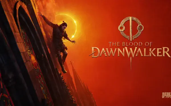 4K Ultra HD video game poster The Blood of Dawnwalker — a warrior climbs a rooftop toward a blazing orange sun; game title and emblem at right. PC desktop wallpaper/background.