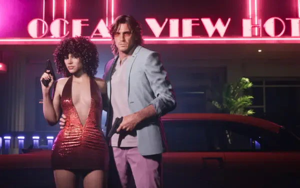 Grand Theft Auto VI video game / Grand Theft Auto 4K Ultra HD PC desktop wallpaper: neon-lit motel scene with a couple — woman in a red dress and a man holding guns.