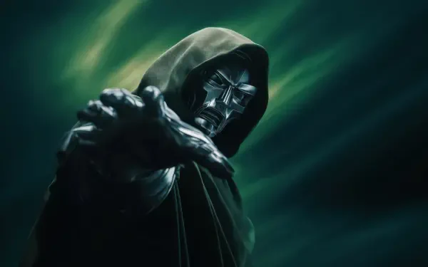 Doctor DoomD (Marvel Comics) reaches from shadow in a green mist, metallic mask and hooded cloak — digital art, 4K Ultra HD PC desktop wallpaper/background.