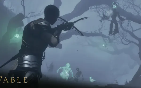 Fable (2027) HD PC desktop wallpaper: an archer draws his bow in a foggy, lantern-lit grove, aiming at ghostly figures beneath twisted trees — video game Fable scene.
