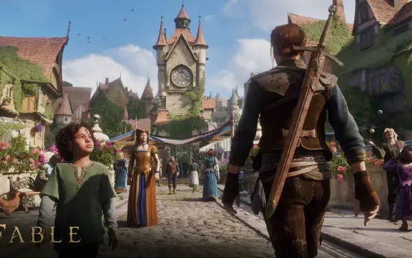 Fable (2027) video game HD PC desktop wallpaper: a sword-armed hero strides through a bustling village square toward a clock tower as townsfolk and a child look on beneath a bright sky.