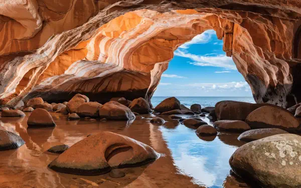 Ocre-hued coastal cave arch with smooth boulders and reflective tidal pool, 4K Ultra HD PC desktop wallpaper background.