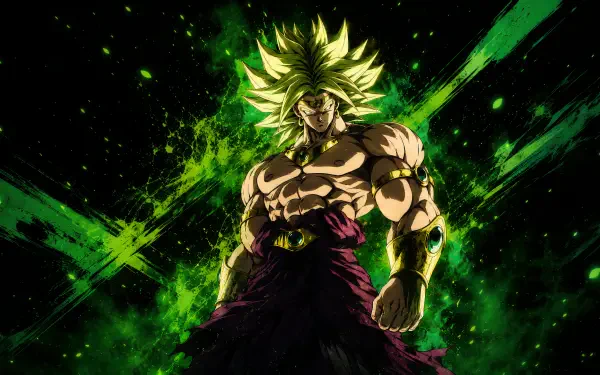 Broly (Dragon Ball) anime 4K Ultra HD PC wallpaper/background: towering Super Saiyan with spiky green hair and a crackling neon-green energy aura against a dark, explosive backdrop.