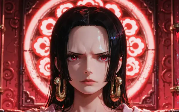 Boa Hancock (One Piece) anime/manga close-up: fierce red-eyed stare with ornate red circular backdrop. 4K Ultra HD PC desktop wallpaper