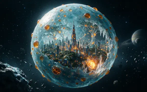 4K Ultra HD PC desktop wallpaper: a crystalline sphere-planet enclosing a luminous cityscape with spires, glowing craters, drifting asteroids and distant moons in a starfield.