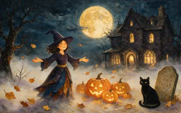 2K Quad HD PC desktop wallpaper: a smiling witch in a moonlit Halloween scene with glowing pumpkins, a black cat, falling leaves and a spooky haunted house in the background.