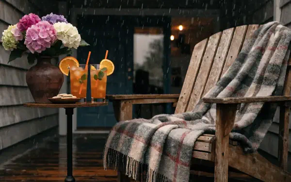 End-of-summer patio scene: wooden chair draped with a plaid blanket, rain falling, two iced drinks on a small table — 2K Quad HD PC desktop wallpaper/background.
